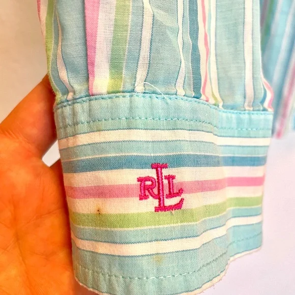 Vintage Lauren by Ralph Lauren, blue green and pink sheer button down shirt - Picture 5 of 8